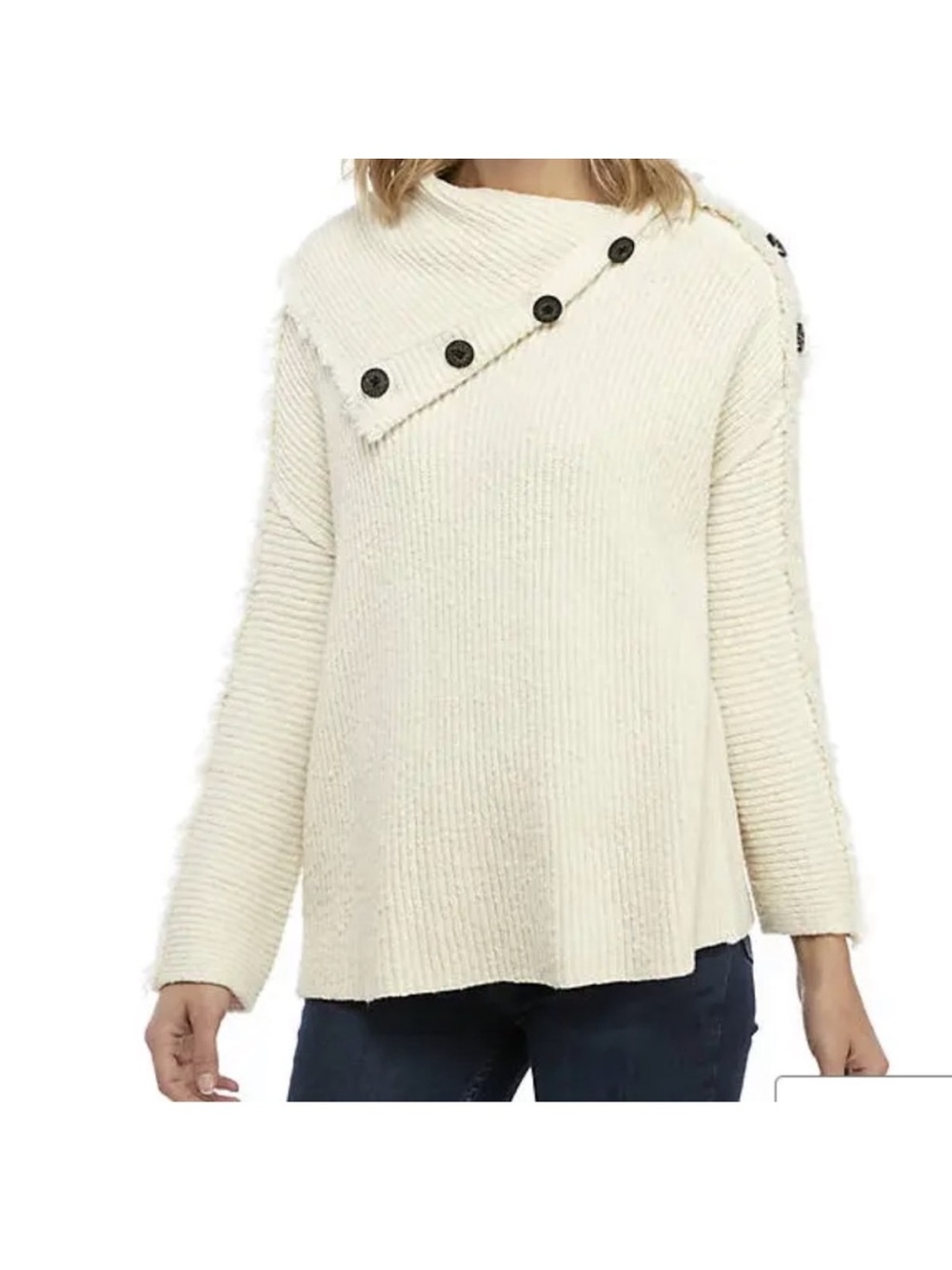 Free People On My Side Cozy ivory Button-Accent Women's Sweater, xs, fringe